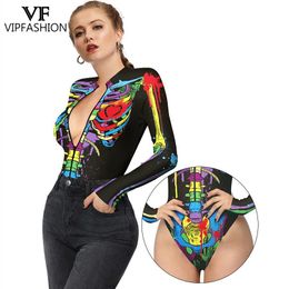 Catsuit Costumes VIP FASHION Women Scary Skeleton Ghost Punk Print Halloween Long Sleeve Zentai Bodysuit Catsuit Sexy Swimsuits Cosplay Costumes