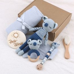 Zęby zabawki ręcznie robione szydełko zwierzęcy dziecięcy zabawka drewniana drewniana drewniana koala wypchana lalka muślinowy koc dziecięcy pamiątka pamiątka prezentowa 230919