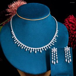 Necklace Earrings Set BeaQueen Shiny Wedding Bridal White Cubic Zirconia Crystal Long Tassel Dangling For Women JS393