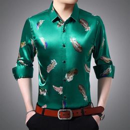 Summer Mens Long Sleeve Silk Shirts Large Satin Shirts Green Feathers Pink Dress For Mens Plus Size Clothing Party Social324i