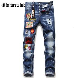 Mens Jeans Four Seasons SplashInk Patchwork Pants High Street Casual Maple Badge Fashion Hip Hop Distressed Male Trousers 230920