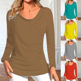 Women's Blouses Elegant Button Pleated Crewneck Long Sleves T Shirts Women Autumn Loose Casual O Neck Blouse Lady Office Dress Shirt Party