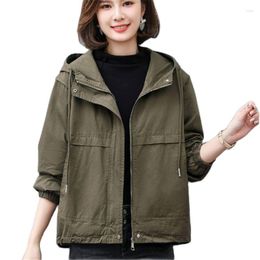 Women's Trench Coats Spring Autumn Short Windbreaker Women 2023 Loose Drawstring Hooded Coat Fashion Pocket Outwear Pure Colour Tops Female