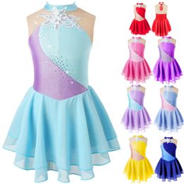 Girl's Dresses Floral Rhinestone Ballet Gymnastics Leotard Kid Girl Mesh Splice Figure Ice Skating Dress Teens Skater Dance Competition Costume 230920