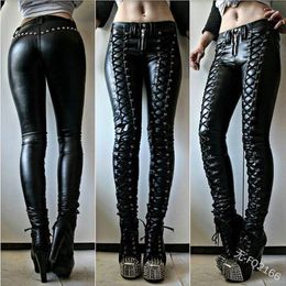 Women's Pants 5XL Large Size Punk Gothic PU Leather Pencil Women Sexy Skinny Lace Up With Rivet Zipper Mediaeval Retro Viking Long