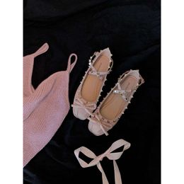 Valentine with Ballet flats Satin tone-on-tone ballerinas studs Quick Hair Ballet Shoes Bow Rivet Flat Bottom Soft Bottom Round Head Shallow Shoe Female shoes 9U17L