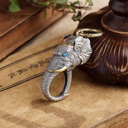 Keychains Lanyards RetroSen Silver Manual Elephant God Of Wealth Pendant Ring Buckle Car Keychain Personality Creativity Vintage Silverware 230921