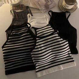 Women's Tanks Korean Version Women Tank Tops Thread Solid Casual Fashion Crop Top With Chest Pad Stripe Sleeveless Outer Wear Basic Camisole