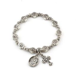 12Pcs Antique Silver Catholic Religious Alloy Strands Bracelets For Men Women Christ Juses Cross Virgin Mary Pendant Bangles C-79306M