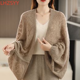 Scarves LHZSYY Ms 100 Pure Wool Shawl Cardigan Four Seasons Hollow Thin Sweaters Loose Fashion Cashmere Knit Batwing Coat Female Jacket 230921