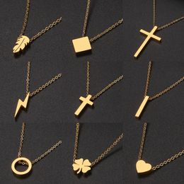 Stainless Steel Necklace Minimalist Four Leaf Grass Geometric Style Fashion Pendant Women's Letter Jewelry Box less Jewelry Gold and Silver 2 Color Chain