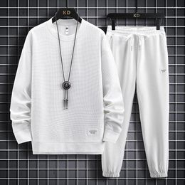 Men's Tracksuits 2023 Spring And Autumn Set Solid Waffle Fabric Sports Long Sleeve Sweater Pants Casual Two Piece