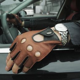 Five Fingers Gloves Gours Spring Men's Genuine Leather Driving Unlined 100 Deerskin Half Fingerless Fitness GSM0L 230921