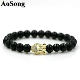 BPPCCR 8mm Onyx stone Gold-color Shiny CZ Buddha head Men Chakra Energy Yoga Bracelets Lucky Pulseira Anil Arjandas244L