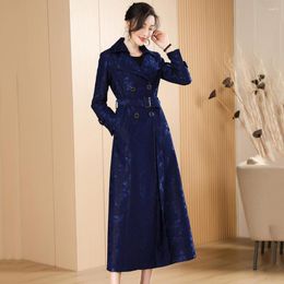 Women's Trench Coats Women Elegant Navy Blue Long Coat Spring Autumn Fashion Exquisite Suit Collar Double Breasted Belt Slim Overcoat