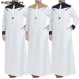 INCERUN Muslim Men Arab Islamic Kaftan Patchwork Stand Collar Abaya Long Sleeve Fashion Saudi Arabia Men Jubba Thobe Plus Size300a