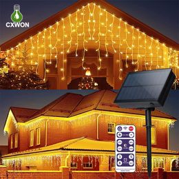 Solar Icicle lights Outdoor 3M 128LED 5M 256LED 10M 300LED Icicle Curtain String Light With Remote Garden Christmas Solar Fairy Light