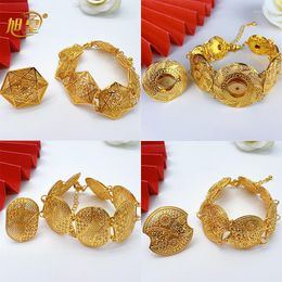 Link Bracelets Xuhuang Dubai Copper Jewellery 24k Gold Plated Bangles With Rings For Lady Nigerian Wedding Party Gift Accessories