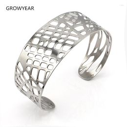 Bangle Stainless Steel Jewelry Thin Adjustable Size Geometric Women Silver Color Hollow Cuff 25mm Width