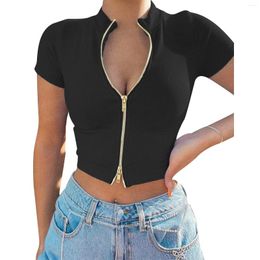 Women's T Shirts Rib Knit Crop Tops Streetwear Short Sleeve Mock Neck Zip Up Solid Color Slim Fit T-Shirts Summer Club Party