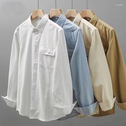 Men's Casual Shirts Long-Sleeved Men Autumn Solid Colour Vintage Shirt Korean Style Fashion Button-down Collar Work Male Clothing