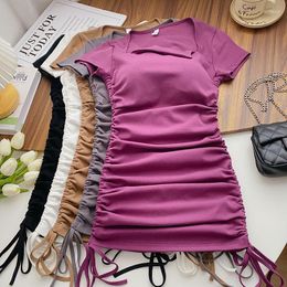 Casual Dresses With Built In Bra Folds Skinny Summer Dress Womens 2023 Ruched Short Sleeve Vestidos Elegant Korean Fashion Drop