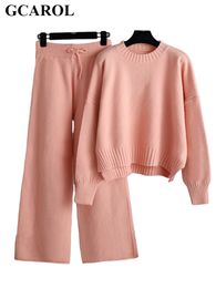 Womens Two Piece Pants GCAROL Autumn Winter Sweater Wide Leg 2 Pcs Sets Asymmetric Rib Knit Jumper Drawstring Casual Daily Wear Pullover 230920
