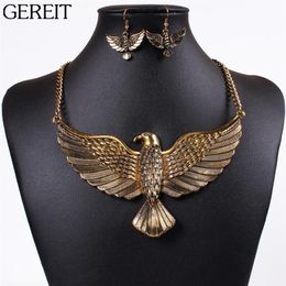 GEREIT Vintage Gold Silver Filled Big Bird Eagle Pendant Necklace Earrings For Women Punk Egyptian African Dubai Jewellery Set284S