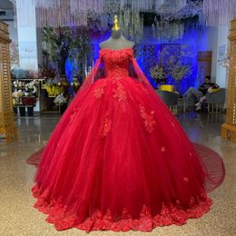 Gorgeous Red Quinceanera Dresses With Cape Luxury Ball Gowns Princess Birthday Party Dress Vestido De 15 Anos