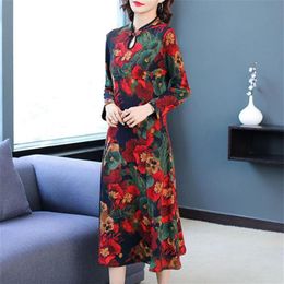 Spring Middle Aged Mother Chinese Traditional Style Long Sleeve Mid Length Over Knee Modified Cheongsam Print Qipao Dress Ethnic C250J