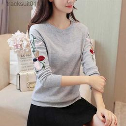 Women's Sweaters Korean Slim Pullover Sweater Women 2022 Autumn Winter Floral Embroidery Knitted Jumper Female Knitwear Clothes Gray White L230921