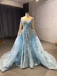 Luxury Sky Blue Evening Dress Long Sleeve Deep V Long Dress Detachable Sexy Robe Transparent Long Dress SM67250