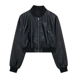 Women's Leather Jacket Bombers Jackets Pu Coat Chaqueta Mujer Black Long Sleeve Outwear Cropped Vintage Racer Jaqueta Zar