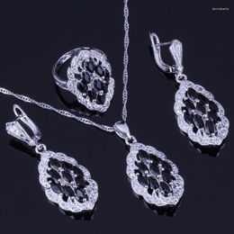 Necklace Earrings Set Fabulous Black Cubic Zirconia White CZ Silver Plated Pendant Chain Ring V0013