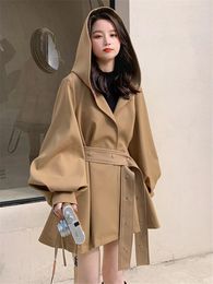 Women's Trench Coats Women Khaki Cloak Windbreaker 2023 Autumn Vintage Elegant Puff Sleeve Loose Casual Korean Style Coat Jacket 8153