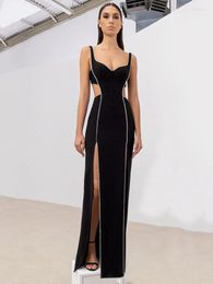 Casual Dresses BEVENCCEL Sexy V-neck Sleeveless Hollow Out Black Diamond Split Long Bandage Dress For Women Elegant Party Club Maxi 2023