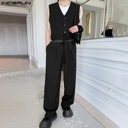 Men's Pants 2023 Men Jumpsuits Patchwork Lace Up V Neck Sleeveless Loose Button Casual Rompers Streetwear Fashion Korean Overalls INCERUN