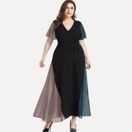 Plus size Dresses Size Vneck Summer Elegant Chiffon Party Dres Short Sleeve Maxi Casual Dress Sash Waist Evening 6XL 230920