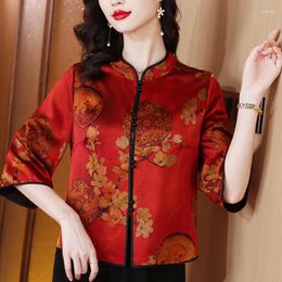 Women's Blouses 2023 Summer Chinese Style Xiangyunsha Tang Suit Top For Women Retro Stand Collar Single-breasted Ladies Elegant Loose Blouse