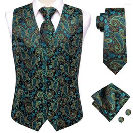 Men's Vests Dark Green Silk Mens Vest Tie Set Jacquard Paisley Sleeveless Jacket Suit Waistcoat Necktie Hanky Cufflinks Wedding Business XXL