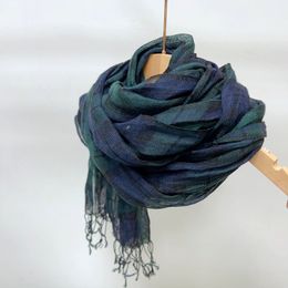 Scarves Breathable 100 linen scarves green plaid retro scarf women's artistic versatility spring and summer shawls 230921