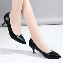 Dress Shoes Women Soft Leather High Heels 2023 Spring Black Pointed Toe Mid Heel Ladies Chunky Office Work