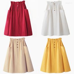 Skirts Harajuku High Waist Midi Skirt Women Peplum Button Pocket Pleated Girl Vintage Yellow Korean Elegant A Line School 204