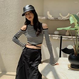 Women's Sweaters Korean Fashion Sexy Strapless Crop Knitted Sweater Women Long Flared Sleeve T-Shirt Short Stripe Lace-up Y2k Chic Knitwear