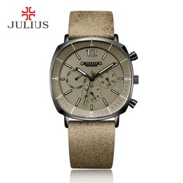 JULIUS Real Chronograph Men's Business Watch 3 Dials Leather Band Square Face Quartz Wristwatch Watch Gift JAH-098295N
