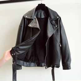 Women's Leather Motocycle Fashion Faux Jacket Women With Belt Zipper Korean Loose Casual PU Female Style Black Coats