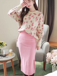 Two Piece Dress Autumn Winter South Korea Leopard Pattern Sweater Split Pink Mid Length Wrap Hip Knit Skirt Set Womens 2 Piece 230920