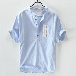Men's T Shirts Embroidered Short Sleeved Linen Quality Shirt Men Brand Trendy Comfortable Pullover Top Clothes Vetement Homme 4Color