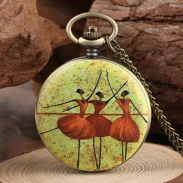 Pocket Watches Retro Charm Ballet Dancers Printed Bronze Necklace Watch For Men Women Quartz Analogue Vintage Pendant Chain Timepiece Gift