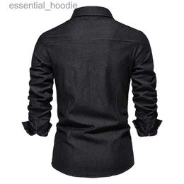 Men's Dress Shirts High Quality Elastic Cotton Denim Shirt Men Long Sleeve Solid Colour Pocket Shirts for Men Casual Slim Fit Mens Designer Clothing L23092